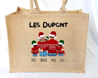 Cabas personnalisé famille Noël, sac fourre tout Noël, cadeau Noël personnalisé, sac famille de dos , cabas personnalisé famille