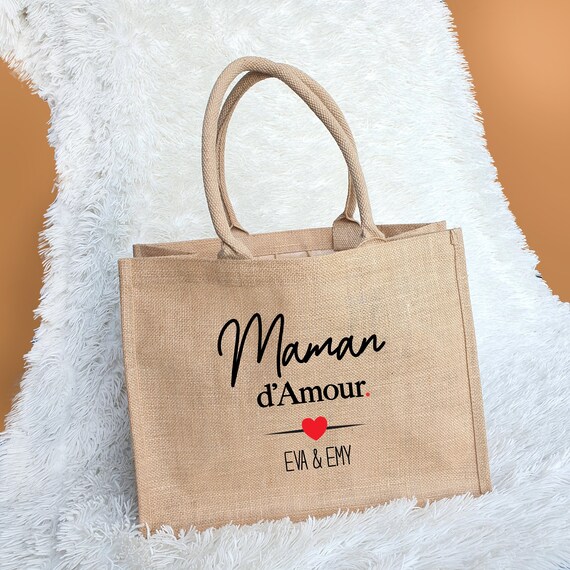 Cabas en jute personnalisé, Cadeau maman, cadeau mamie, Sac personnalisé pour le shopping, cabas personnalisé, fête des mères