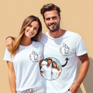 Tshirt photo contour, idée cadeau saint valentin, tee-shirt portrait famille personnalisé , portrait contour photo image 1