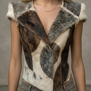 May include: A sleeveless vest featuring a patchwork design of brown, tan, and gray cowhide. The vest has a V-neck and is trimmed with a lighter-colored fur around the shoulders and neckline. The garment is worn over a pair of gray tweed pants.