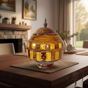 Puede incluir: Un jarrón decorativo de madera con tapa, con un diseño en capas con paneles de madera claros y oscuros alternados. El jarrón está adornado con incrustaciones en forma de estrella y se encuentra sobre una mesa de madera. El jarrón tiene un remate marrón oscuro en la parte superior.