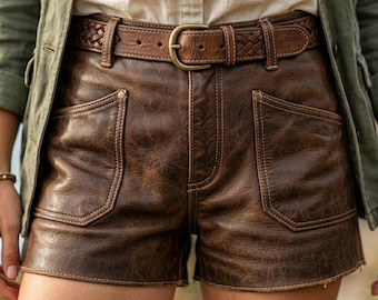 Vintage Distressed Women's High Waisted Leather Shorts | Brown Genuine Leather Festival Wear