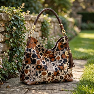 Torba typu hobo z krowiej skóry z patchworkiem | Portmonetka ze skóry licowej | Torba na ramię z nadrukiem w panterkę