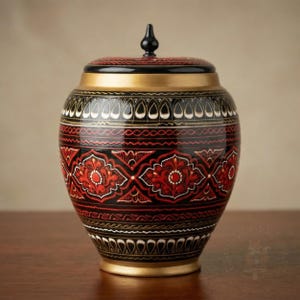 May include: A decorative, hand-painted jar with a lid. The jar features a black base with red floral patterns and gold accents. The lid is black with a small, pointed finial. The jar is likely used for storage or display.