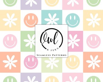 May include: A seamless pattern featuring a grid of pastel-colored squares containing either a white daisy flower or a smiley face. The colors include light green, yellow, pink, lavender, and peach. A white square in the center displays the text Owl & Fern Seamless Patterns.