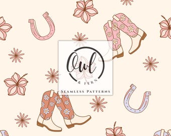 May include: A seamless pattern on a cream background featuring repeating illustrations of pink and white cowboy boots with daisy prints, light pink horseshoes, and pink hibiscus flowers. A central white square displays the text Owl & Fern.