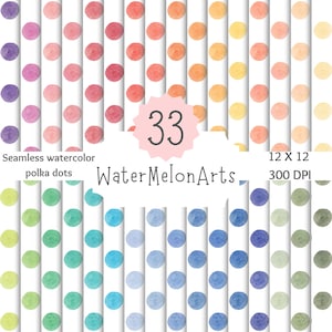 33 Watercolor polka dot patterns, Colorful seamless polka dots, Seamless pattern, JPG files, Digital Scrapbook papers, Background pattern.