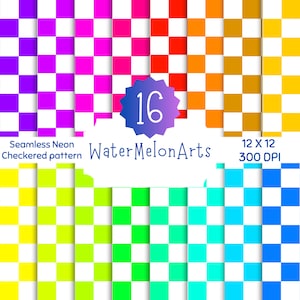 Paquete de patrones sin costuras de neón de verano, estampados de tela, patrón seguro para nadar, papel de álbum de recortes imprimible, patrón de tablero de ajedrez, JPG y PNG.