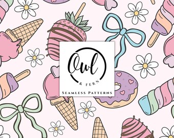 May include: A seamless pattern featuring illustrations of ice cream cones, chocolate-covered strawberries, donuts, bows, and daisies on a light pink background. A white square in the center displays the text Owl & Fern SEAMLESS PATTERNS.