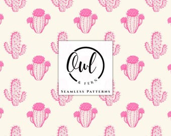 May include: A seamless pattern featuring repeating pink cactus illustrations on a cream background. A white square overlay in the center displays the black text Owl & Fern and the words SEAMLESS PATTERNS in a circular logo design.