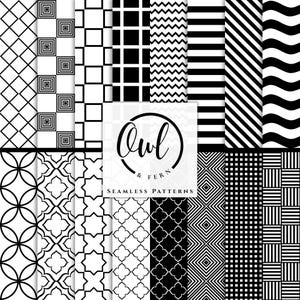May include: A collection of black and white seamless patterns featuring geometric shapes, stripes, waves, and grids. A central white square displays the text Owl & Fern and the words SEAMLESS PATTERNS in black, surrounded by a circular border.