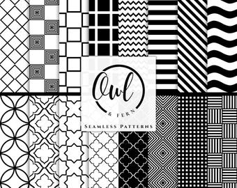 May include: A collection of black and white seamless patterns featuring geometric shapes, stripes, waves, and grids. A central white square displays the text Owl & Fern and the words SEAMLESS PATTERNS in black, surrounded by a circular border.