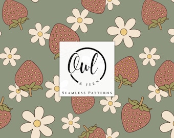 May include: A seamless pattern featuring repeating illustrations of strawberries and white flowers with yellow centers on a sage green background. A white square overlay in the center displays the black text Owl & Fern Seamless Patterns.