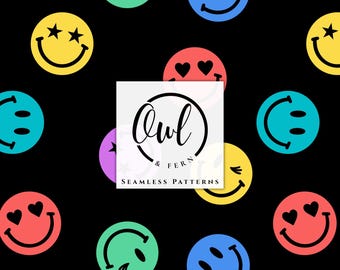 Colorful Smiley Face Seamless Pattern | Retro Happy Face Digital Paper | Fun Kids Fabric Print | Y2K Emoji Pattern | PNG JPG Download