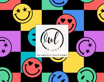 May include: A seamless pattern featuring a colorful checkerboard background in black, yellow, blue, green, purple, and coral. The design includes various smiley faces with different expressions, including star eyes and heart eyes. Text reads Owl & Fern Seamless Patterns.