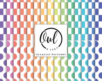 May include: A digital graphic featuring a rainbow-colored pattern divided into two sections. The top half displays a checkered grid, while the bottom half shows a scalloped wave design. A white square in the center contains the black text Owl & Fern.
