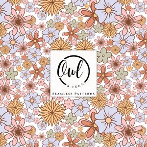 May include: A seamless pattern featuring a dense arrangement of stylized flowers in shades of light blue, soft pink, muted orange, and sage green on a white background. A central white square displays the black text Owl & Fern Seamless Patterns.