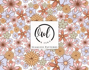 May include: A seamless pattern featuring a dense arrangement of stylized flowers in shades of light blue, soft pink, muted orange, and sage green on a white background. A central white square displays the black text Owl & Fern Seamless Patterns.
