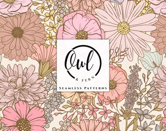 May include: A seamless pattern featuring a dense arrangement of hand-drawn flowers in shades of pink, mauve, yellow, and light blue on a cream background. A white square overlay in the center displays the black text Owl & Fern Seamless Patterns.
