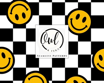 May include: A seamless digital pattern featuring a black and white checkered background with yellow smiley faces. A central white square overlay displays the black text Owl & Fern and the words SEAMLESS PATTERNS in a clean, sans-serif font.