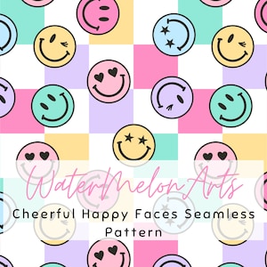 Caras alegres sobre un patrón sin costuras de fondo a cuadros, diseño de sublimación de tela, patrón sin costuras de caras felices de color pastel, seguro para nadar.