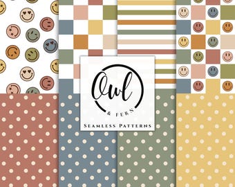 May include: A collection of seamless patterns featuring smiley faces, checkered squares, horizontal stripes, and polka dots in muted earth tones. A central white square displays the black text Owl & Fern Seamless Patterns in a circular frame.
