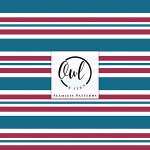May include: A seamless pattern featuring horizontal stripes in teal, white, and magenta. Centered is a white square containing a black circular logo with the text Owl & Fern and the words SEAMLESS PATTERNS printed in black capital letters below.