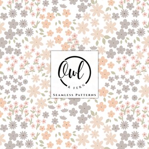 May include: A seamless pattern featuring a repeating floral design with small flowers in shades of peach, light gray, and muted green on a white background. A central square logo displays the text Owl & Fern Seamless Patterns.