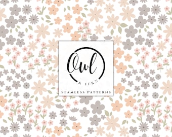 Könnte beinhalten: Ein nahtloses Muster mit einem sich wiederholenden Blumendesign mit kleinen Blüten in Pfirsich-, Hellgrau- und gedämpften Grüntönen auf weißem Grund. Ein zentrales quadratisches Logo zeigt den Text Owl & Fern Seamless Patterns.