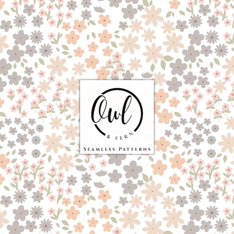 May include: A seamless pattern featuring a repeating floral design with small flowers in shades of peach, light gray, and muted green on a white background. A central square logo displays the text Owl & Fern Seamless Patterns.