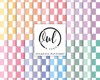 May include: A digital graphic featuring a grid of seamless checkerboard patterns in various pastel colors including yellow, orange, pink, purple, blue, and green, with a central white square containing the black text Owl & Fern Seamless Patterns.