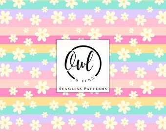 May include: A seamless pattern featuring horizontal stripes in pink, yellow, teal, and lavender, overlaid with small cream-colored flowers. A white square in the center displays the black text Owl & Fern SEAMLESS PATTERNS inside a circular border.