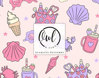 May include: A seamless pattern on a light pink background featuring illustrations of pink and purple seashells, crabs, flower-shaped sunglasses, ice cream cones, mason jars with heart decals, and floral makeup bags with the text Owl & Fern.