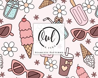 May include: A seamless pattern featuring pink sunglasses, ice cream cones, popsicles, mason jars with straws, and white flowers on a light pink background. A central white square displays the black text Owl & Fern Seamless Patterns.