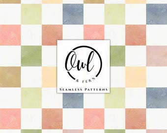 May include: A seamless pattern featuring a grid of watercolor squares in shades of muted pink, sage green, soft blue, tan, and white. A white square in the center displays the black text Owl & Fern Seamless Patterns inside a circular border.