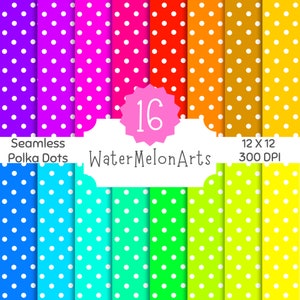 May include: A set of 16 digital paper patterns featuring seamless polka dots in various bright colors, including red, orange, yellow, green, blue, and purple. The patterns are 12 x 12 inches and 300 DPI.