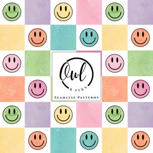 May include: A seamless pattern featuring a grid of squares in various pastel watercolor shades, each containing a black smiley face icon. A central white square displays the black text Owl & Fern Seamless Patterns inside a circular border.