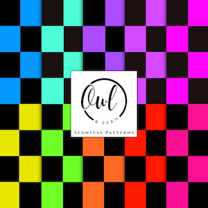 May include: A digital graphic featuring a vibrant checkerboard pattern with alternating black and neon-colored squares in blue, cyan, purple, magenta, yellow, lime green, orange, and red. A white square in the center displays the text Owl & Fern SEAMLESS PATTERNS.