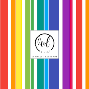 Può includere: Un motivo a righe verticali con una vivace tavolozza di colori arcobaleno composta da rosso, arancione, giallo, verde lime, verde acqua, blu, viola e bianco. Al centro, un logo quadrato bianco con il testo nero Owl & Fern Seamless Patterns.