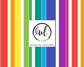 May include: A vertical striped pattern featuring a vibrant rainbow color palette of red, orange, yellow, lime green, teal, blue, purple, and white. Centered is a white square logo with the black text Owl & Fern Seamless Patterns.