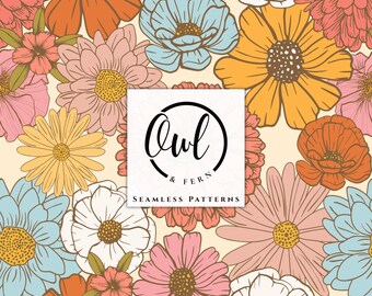 May include: A seamless pattern featuring a variety of illustrated flowers in shades of orange, yellow, pink, blue, and white on a cream background. A white square overlay in the center displays the black text Owl & Fern Seamless Patterns.