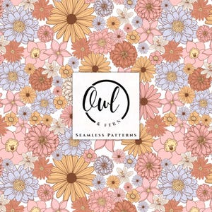 May include: A seamless pattern featuring a dense arrangement of various flowers in shades of light purple, soft pink, and muted orange on a white background. A white square overlay in the centre displays the black text Owl & Fern Seamless Patterns.