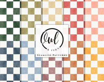 May include: A digital collection of ten seamless checkered patterns in various watercolor hues including green, olive, beige, red, pink, blue, light blue, mauve, orange, and yellow. A central white square features the black text Owl & Fern.