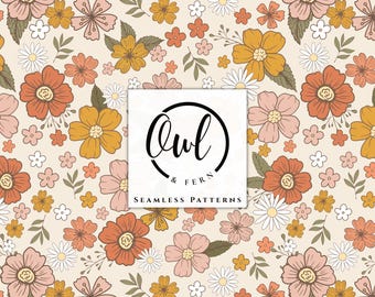 Retro Floral Seamless Pattern – Boho Fabric Design (Digital Download)