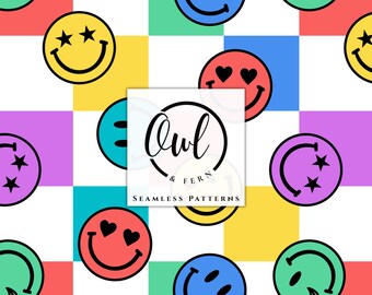 May include: A seamless pattern featuring a colorful checkerboard background in red, yellow, blue, green, and white. The design includes various smiley faces with different expressions, including star eyes and heart eyes. Text reads Owl & Fern.