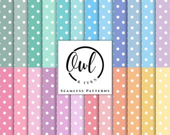 May include: A collection of seamless digital patterns featuring vertical stripes in various pastel colors, each adorned with a repeating white polka dot design. A central white square displays the black text Owl & Fern Seamless Patterns.