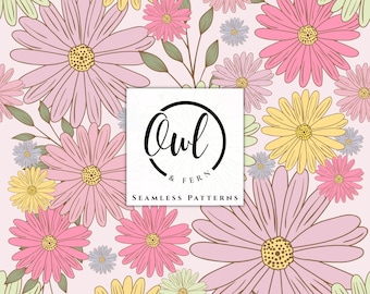 May include: A seamless pattern featuring a repeating floral design with pink, yellow, and light green daisies on a pale pink background. A white square overlay in the center displays the black text Owl & Fern Seamless Patterns.