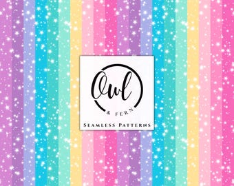 May include: A digital pattern featuring vertical stripes in shades of purple, blue, yellow, and pink, overlaid with a scattering of small white stars. A central white square displays the black text Owl & Fern Seamless Patterns.