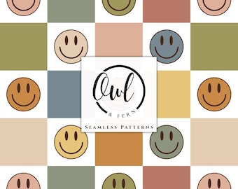 May include: A seamless pattern featuring a grid of alternating squares in muted tones of sage green, terracotta, mustard yellow, blue, and beige. Each square contains a simple smiley face icon. A central white square displays the text Owl & Fern.