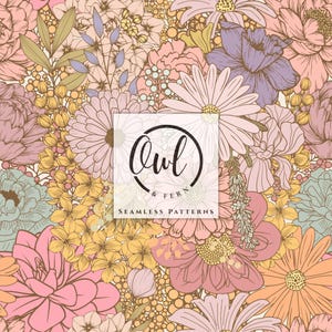 Boho Flowers seamless pattern, Fabric print, Repeat file for fabric sublimation, Digital design.